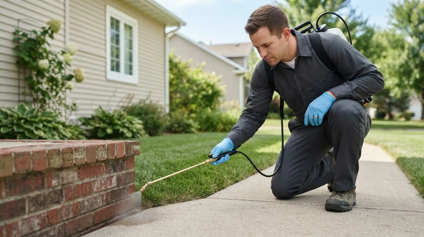 Pest control technician treating a home near Copemish, MI