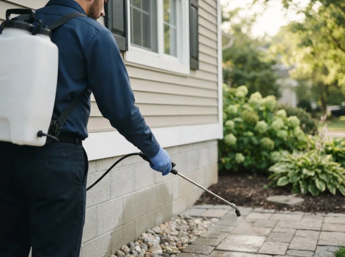 Pest control technician inspecting a home in Copemish, MI